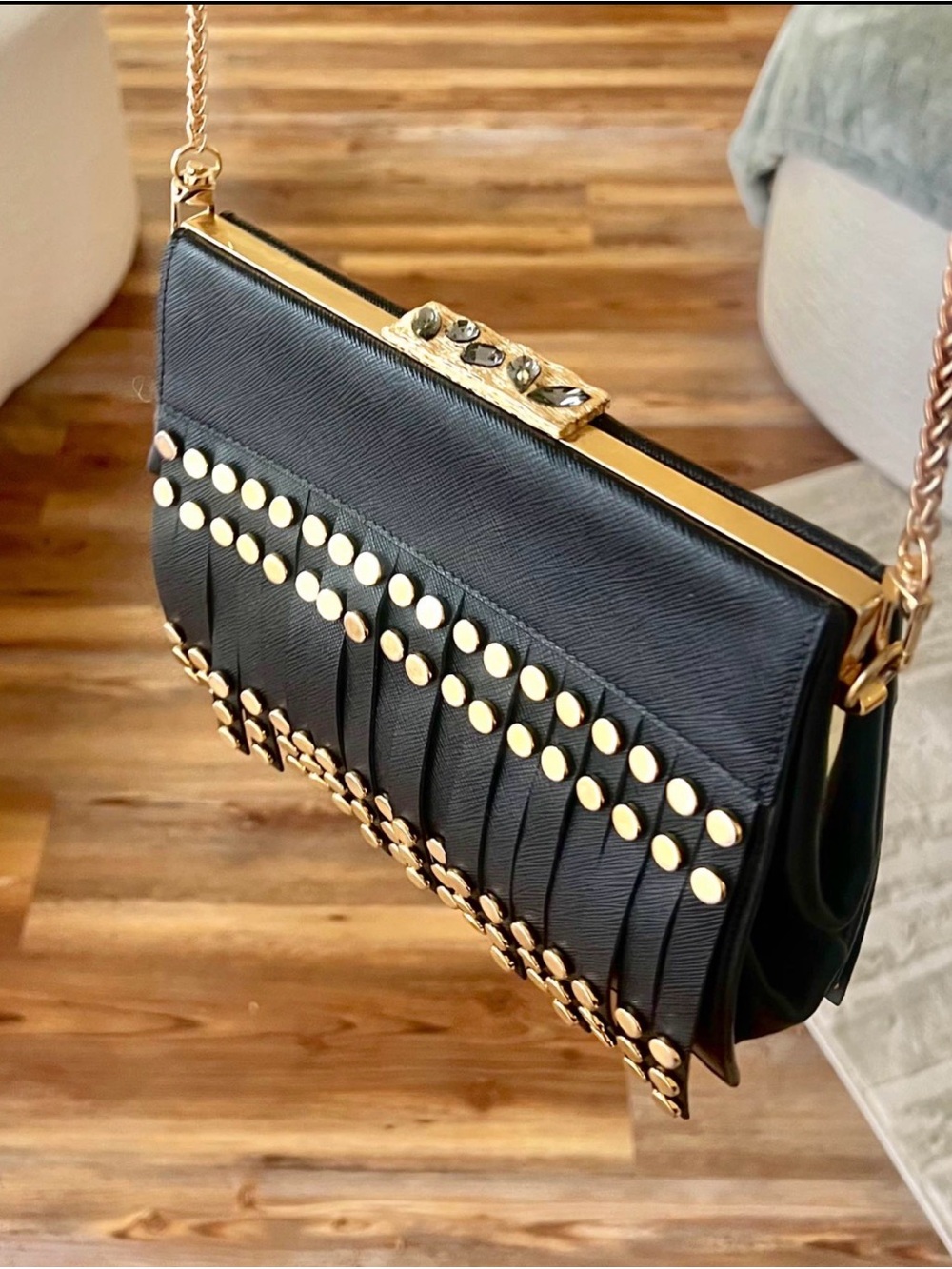 💛Prada 🖤Classic Gold & Black 🖤Leather Fringe Clutch with Gold Studs💛 - Picture 3 of 7
